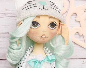 Nursery decor doll. Pussy hat. Handmade doll.Collectible elf doll. Interior doll.Art doll. Collection doll. Rag doll. Textile doll.Elf doll.