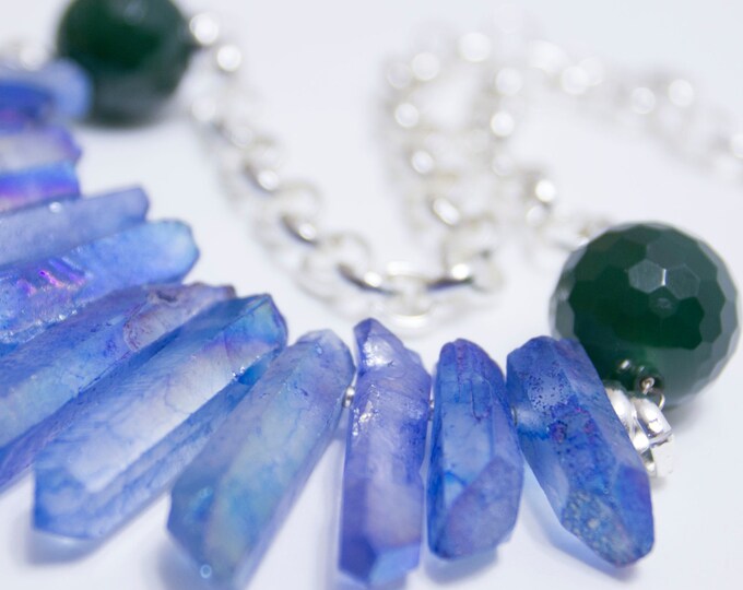 Blue crystal choker, Raw quartz crystal necklace, Quartz choker