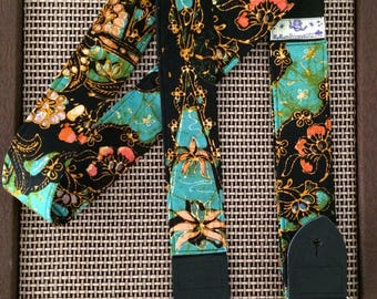 Vintage batik guitar strap -- shades of aqua, peach and black