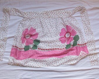 1950s Hostess Apron, Half Apron, Pink Flowers