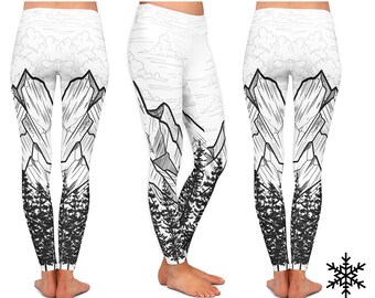 LEGGINGS - Colorado Mountain Tree Yoga Leggings - Mountain Leggings, Snow Leggings, Trees, White Black Leggings, Sport, yoga pants, White