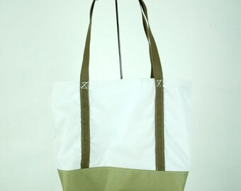 White Sailcloth Shoulder Tote Bag with Tan Bottom, Straps and Lining