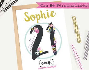 21st Birthday Card/Personalised/Customisable/Greeting Card/Illustrated/Blank/Keepsake