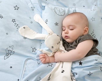 Gray bunny-organic Security blanket- lovey blanket Made from 100% organic jersey cotton with stars print or origami ,baby gift, baby shower