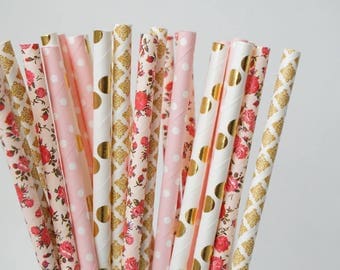 Pink Party Straws, Floral Straws, Baby Shower Decorations, Bridal Shower Decorations, Pink and Gold Party Straw Mix, 25 Piece
