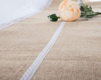 Natural Jute Burlap Table Runner with White Lace 12" Wide, Vintage Wedding Decorations, Bridal Shower, Baby Shower, Rustic Decor.