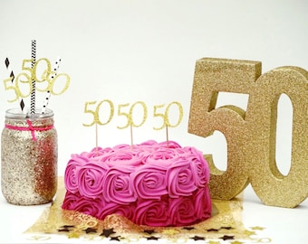 50th cupcake toppers- Glittery Gold- 50th Birthday cupcake toppers