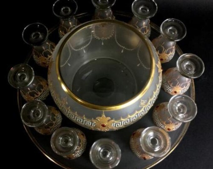 RARE Antique Bohemian Czech Enameled and Frosted Crystal Punch Bowl With 12 Cordials and Tray