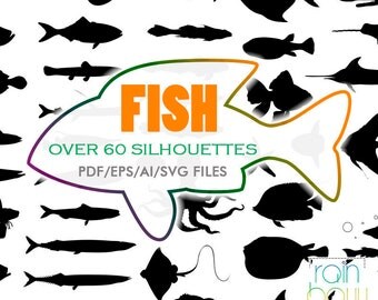 Fish Svg File, Fish Silhouette, Fish Clipart, Fish Drawing, Sea Creatures, Marine Life, Crab Svg, Octopus Svg, Ocean Svg, Ocean Clipart