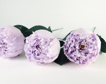 Crepe paper peony 3 pcs with stem, crepe paper flower, realistic paper flower, lilac bouquet, paper peonies, shabby chic flowers