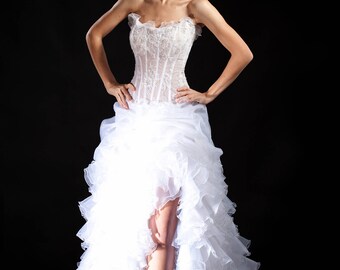 Slit A-line Wedding Dress. Ruffle Bridal Dress. Strapless Wedding Dress With a Train. Lace Corset.
