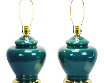Pair of Mid Century Green Glass Table Lamps