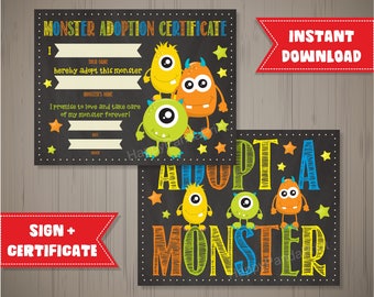 Adopt a Monster Certificate Monster Adoption Certificate Adopt a Monster Sign Monster Birthday Party Monster Party Chalkboard Certificate