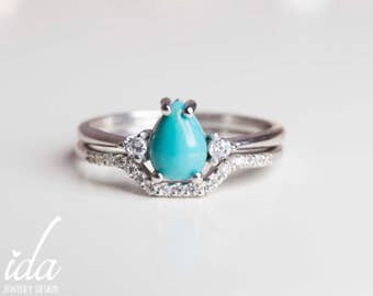 White Gold Turquoise Engagement Ring Set - Wedding Ring Set - White Gold Wedding Band Women - Unique Engagement Ring - Turquoise jewelry