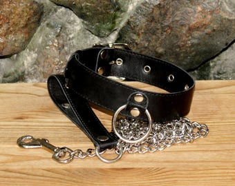 ADULT - Strict BDSM Collar with Lead / bdsm / slave collar / leather collar / bdsm outfit / black collar / bdsm collar with chain lead