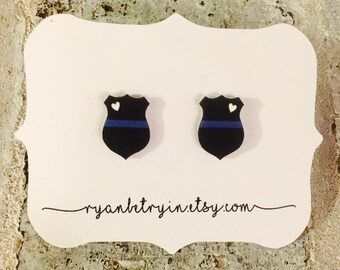 Police Badge Earrings - Blue Lives Matter - Police Officer Gift - Officer's Wife - Police Studs - Cop Earrings - Badge with Heart - Black