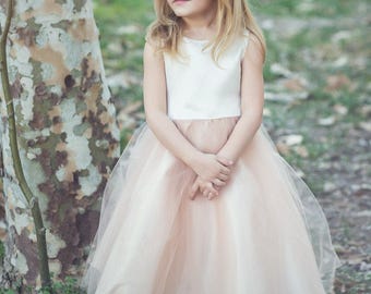 Two tone Flower Girl Dress with Tulle Skirt