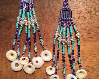 Purple and teal Puka shell earrings
