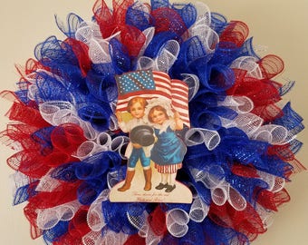 Three Cheers For The Red White & Blue Rolled Deco Mesh Wreath