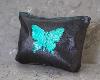 Halographic Green Butterfly Leather Pouch
