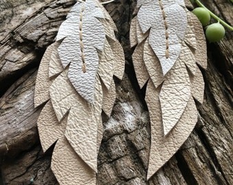 Layered Leather Feather Earrings