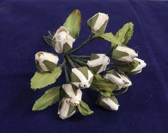 Small Cabbage Rose Buds White Paper Weddings Corsages Dolls Fascinator Flower Crowns 12 Individual Stems With Leaves