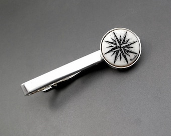 Scrimshaw Tie Bar Nautical Tie Bar Compass Rose Ocean Sea Sailing Silver Tie Bar Silver Plated Hand Etched Cow Bone Scrimshaw
