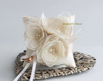 Ivory Wedding pillow with 3 ivory flowers --ring bearer pillow, wedding rings pillow , wedding pillow, ready to ship
