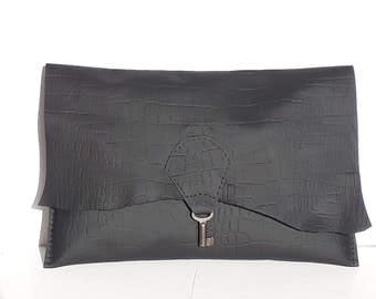 Raw edge leather clutch purse with embossed alligator finish - black
