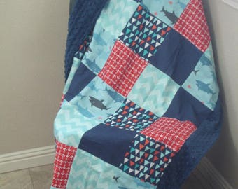 Sharks Flags and Anchors Minky Blanket 36 x 56 READY TO SHIP On Sale