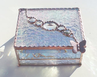 Iridescent Stained Glass Jewely Box with Inlaid Faceted Jewel and Glass Nuggets - Your Choice of Handle