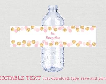 Blush Pink & Gold Water Bottle Labels / Glitter Bridal Shower / Glitter Dots / Glitter Confetti / INSTANT DOWNLOAD Editable PDF B107