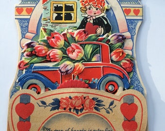 Art Deco Valentine Die Cut Boy with Dog 1920's automobile fold down honeycomb