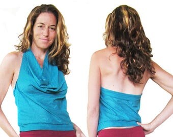 Aqua Jersey Halter - Sports, Fitness, Dance Top, Cowl Neck, Open Back