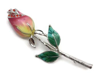 Enamel Rose Flower Brooch - Silver Tone, Red Rhinestones, Costume Jewelry