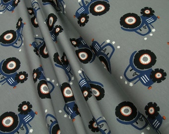 Jersey blue tractors on grey Cotton Jersey Knit Fabric 0.54yd (0,5m) 003263