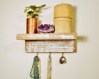 Jewelry Organizer Reclaimed Wood Floating Shelf Jewelry Hooks Necklace Organizer Jewelry Display Shabby Chic Jewelry Wall Organizer Rustic