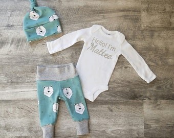 Personalized Baby Boy Coming Home Outfit. Hello! I'm (insert babe's name here) Sip and See Outfit. Personalized Coming Home Outfit. Joggers.