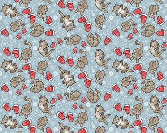 Blue Winter Cat Fabric - Kittens And Mittens By Woodmousebobbit - Kittens Cotton Fabric By The Yard With Spoonflower
