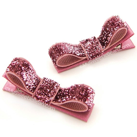 Items similar to Rose Pink Glitter Hair Clips, Glitter Hair Bows