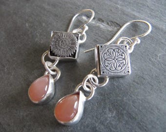 Earrings of Vintage Letterpress Blocks, Peach Moonstone, and Sterling Silver