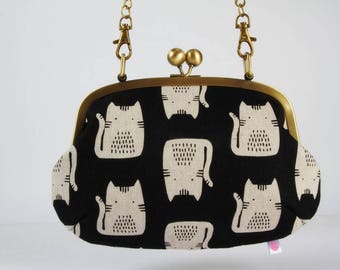 Metal frame purse with shoulder strap - Cats on black - Swing purse / Retro bag / Maker Maker by Sarah Golden / white black pink