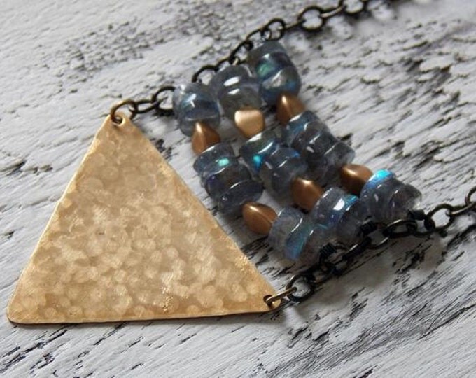 Boho Woodland Geometric Necklace Solid Brass Shield Labradorite Gemstone Stone Triangle Bohemian Boho Gold Czech Glass Layering Necklace