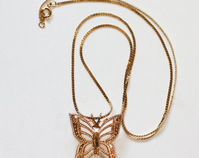 Butterfly Filigree Pendant Necklace Rhinestones Vintage