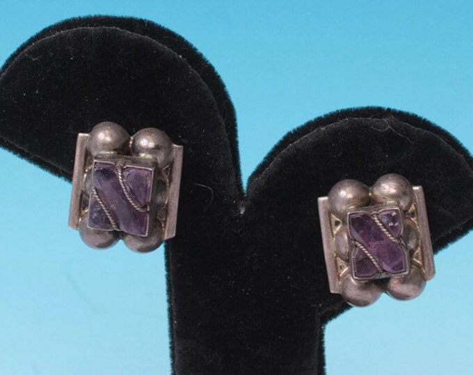 Amethyst and Silver Earrings Screw Back Mexico Vintage