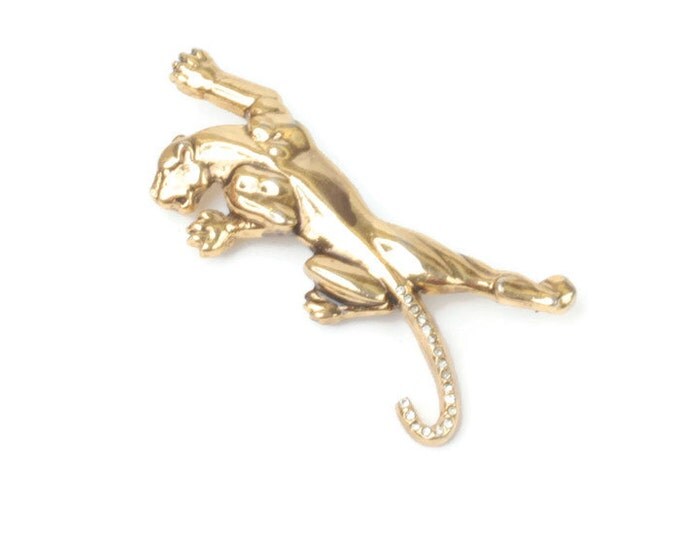Panther Brooch Rhinestone Tail Gold Tone Vintage Figural Big Cat