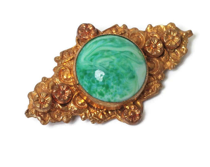 Faux Jade Peking Glass Czech Brooch Pin Floral Gold Tone Vintage