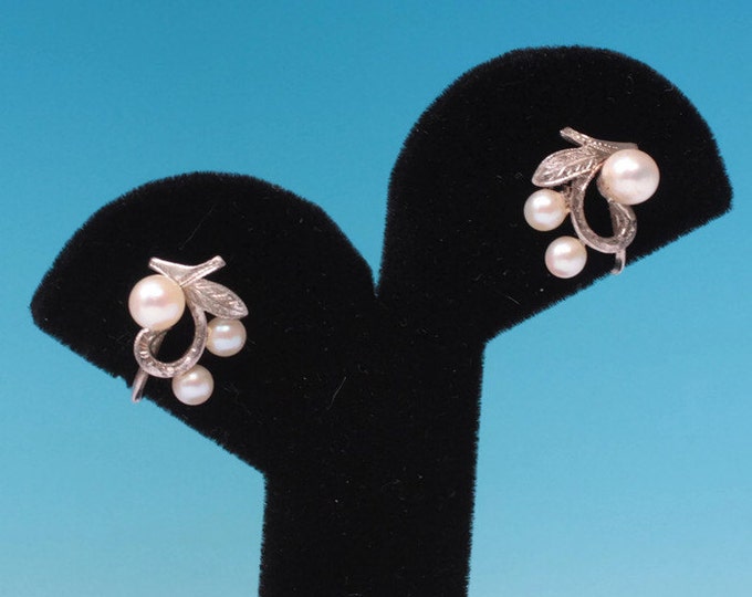 Cultured Pearl Earrings Silver Leaf Motif Vintage Screw Back