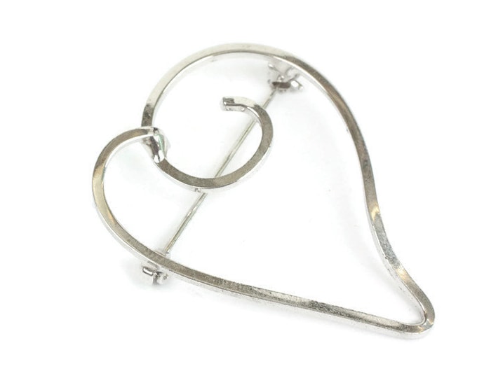 Sterling Modernist Heart Brooch Pin Sleek Simple Vintage