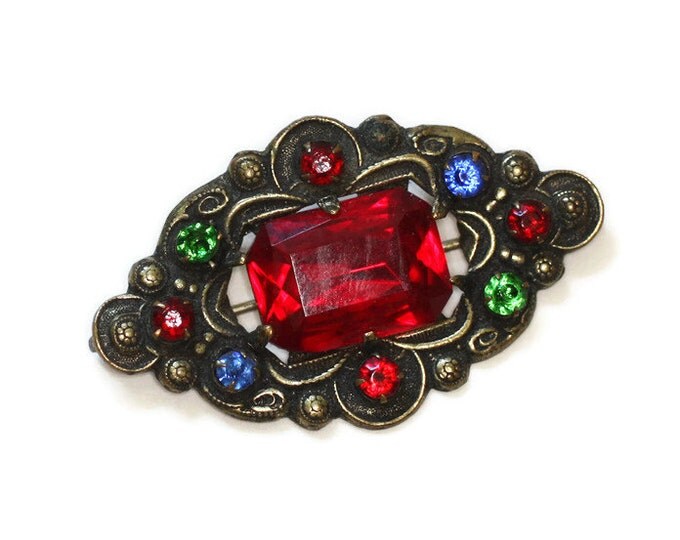 Czech Rhinestone Pin Multi Color Red Green Blue Stones Vintage